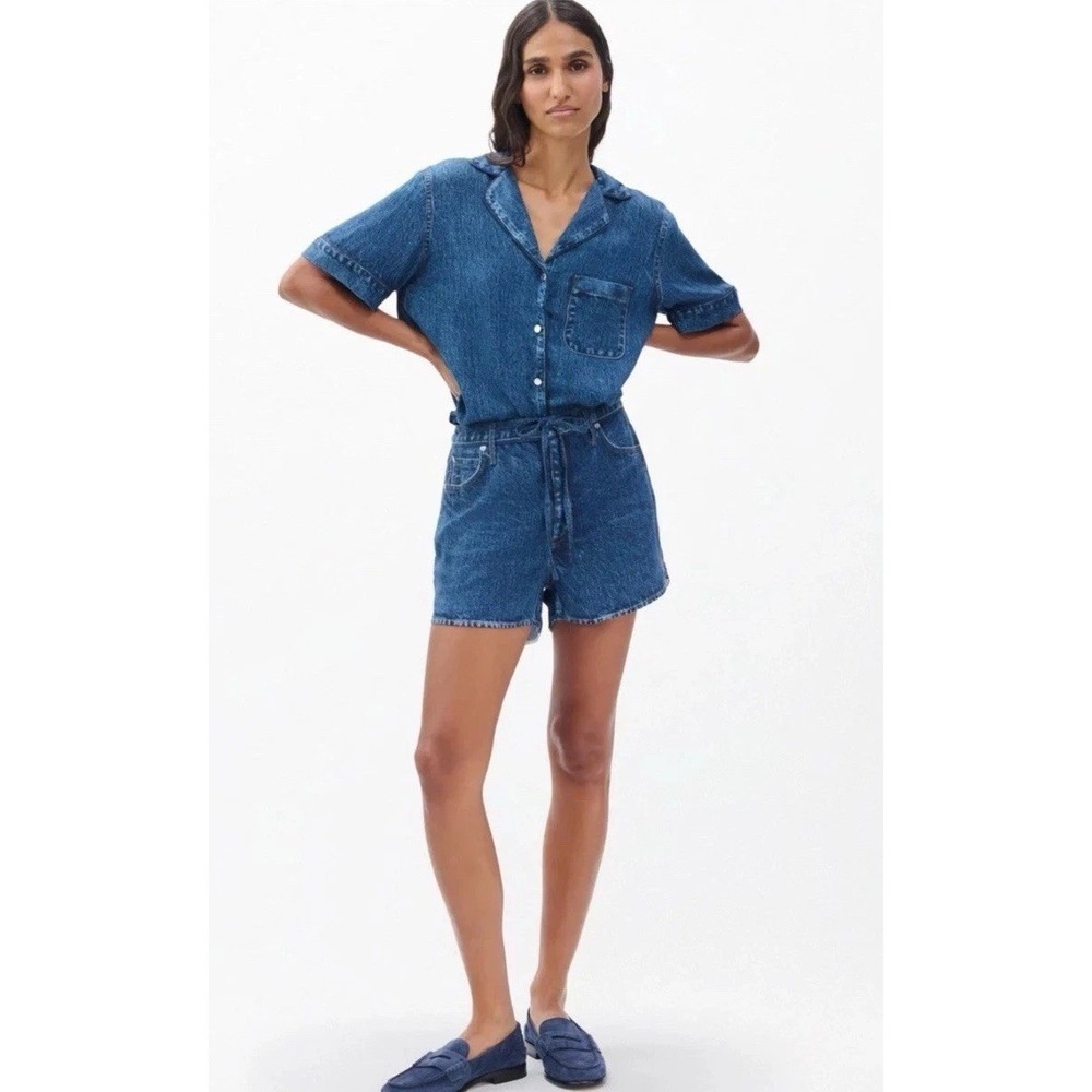 Rag & Bone Miramar Slink Lounge 2 Pc Set Denim Print Shirt Shorts Medium M EUC